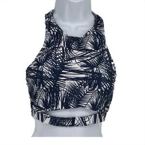 Cut-Out Bandeau Tankini with Palm Leaves in Blue and White Size Large
